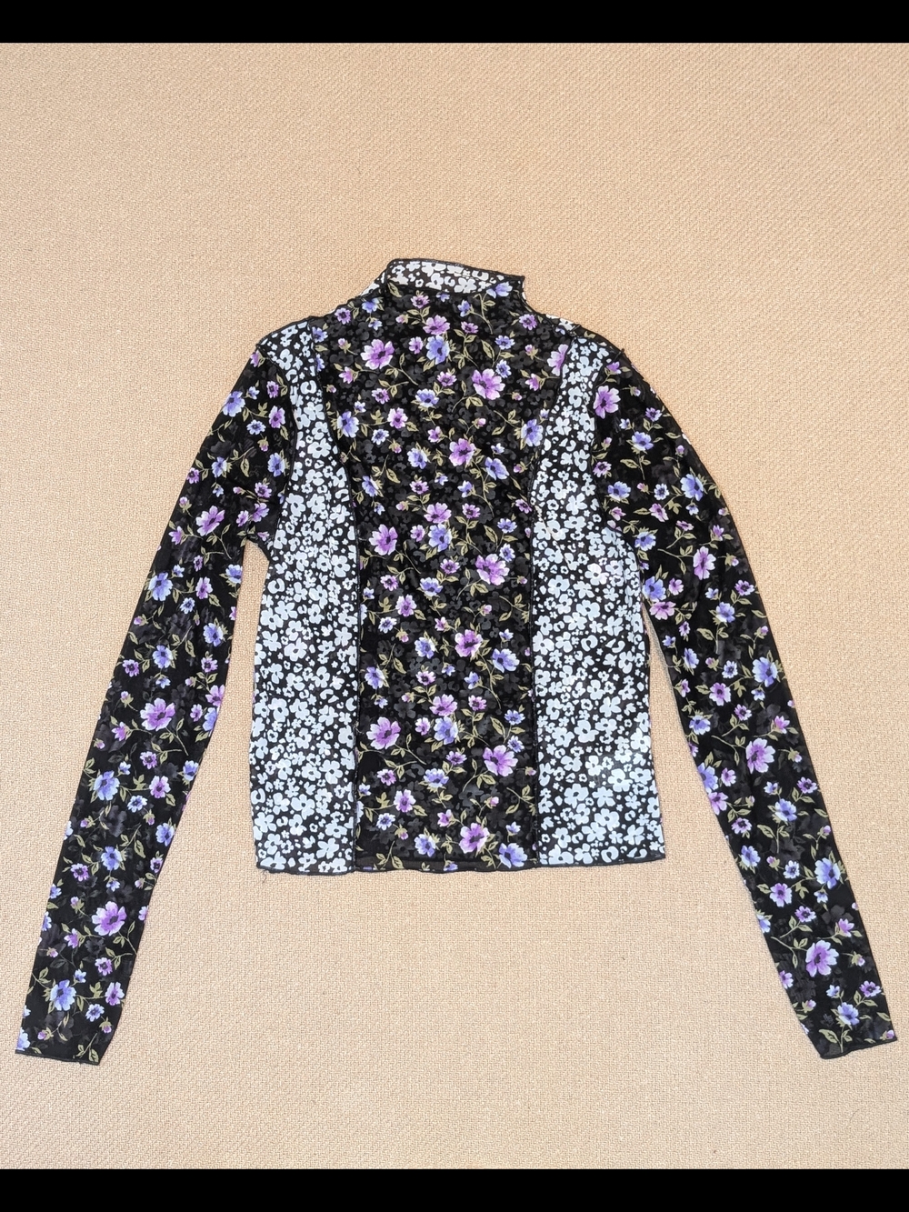 Forever 21 Floral Patchwork Patterned Long Sleeve Mesh Shirt Mock Neck Top